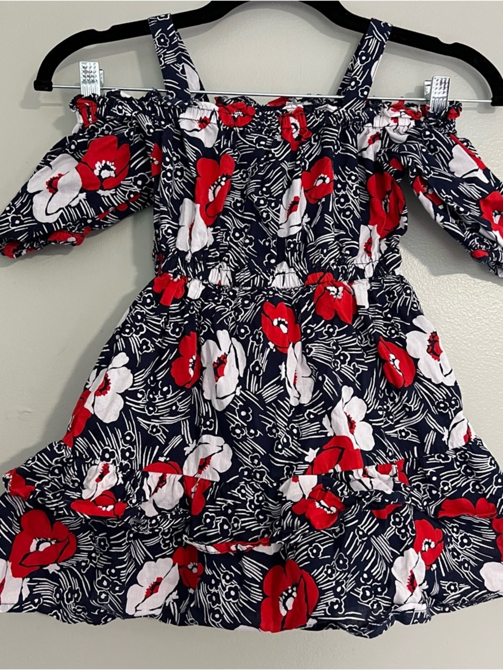 Janie and Jack Navy Dress with‎ Red & White Floral Print cold shoulder sz 4T